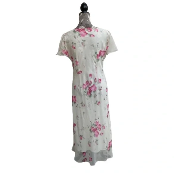 Dressbarn Women' 8 Ivory Cream Pink Floral Chiffon Short Sleeve Maxi Dress - Picture 3 of 16